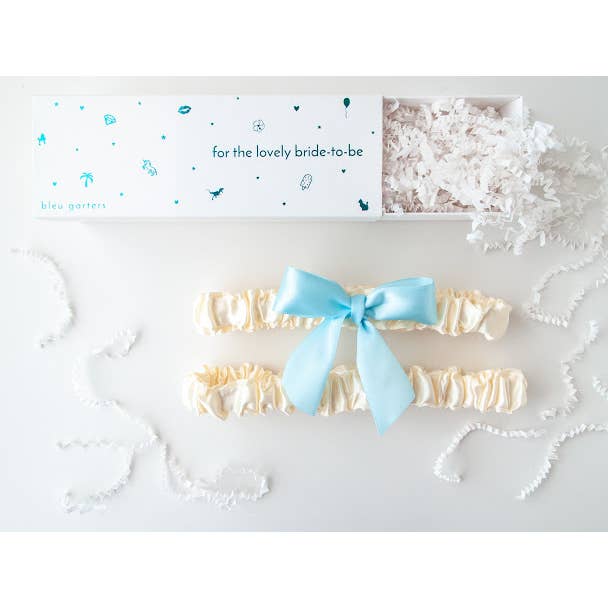 Blue Satin Bow Garter with Toss Garter for wholesale by Bleu Garters