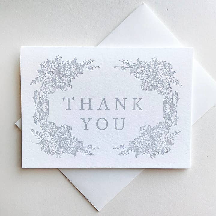 Grey Floral Thanks - Letterpress Thank You Greeting Card for wholesale by Steel Petal Press