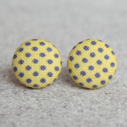 Yellow and Purple Polka Dot Fabric Button Earrings for wholesale by Rachel O's