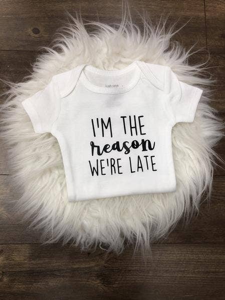 I'm The Reason We're Late Baby Bodysuit for wholesale by Jena Bug Baby