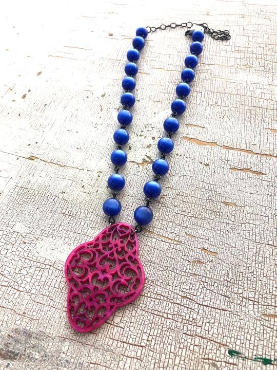 Leetie Lovendale - Wholesale Pendant/Charm Necklace - Sapphire Blue & Hot Pink Boho Lace Beaded Necklace1