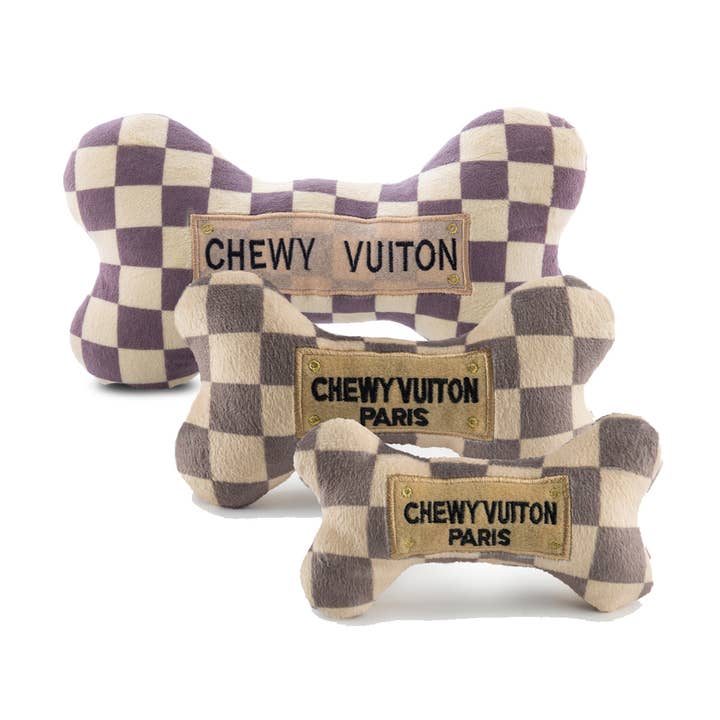 Checker Chewy Vuiton Bones Squeaker Dog Toy for wholesale by Haute Diggity Dog