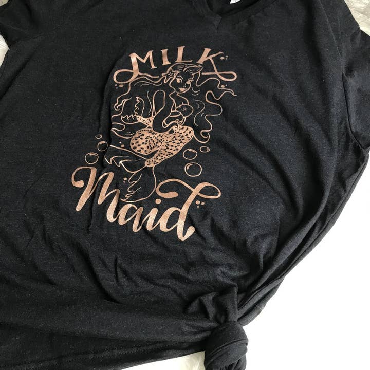 Milk Maid V Neck Tees(Rose Gold, Black and White Ink avail.) for wholesale by spillthebeansetc