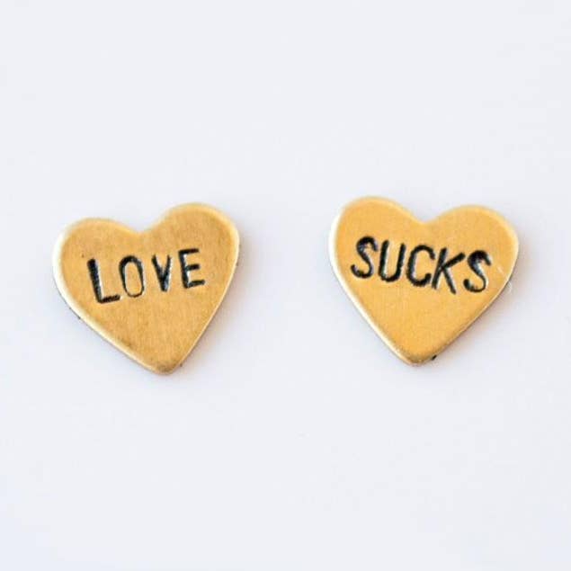 Grey Theory Mill - Wholesale Stud/Post Earrings - Love Sucks, Heart Earrings | Brass0