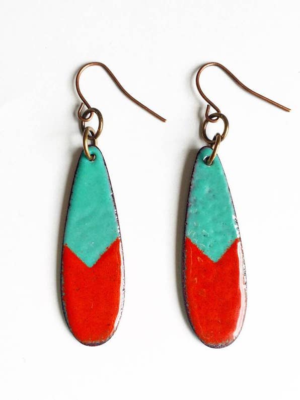 Enamel Earrings - Red and Aqua Teardrop Design for wholesale by Courtney Fischer Jewelry