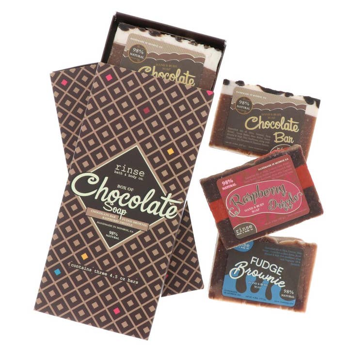 Sæbe - Chokoladeæske (3 barer) | Naturlig Sæbegavesæt | Valentinsdag Gave for engroshandel hos Rinse Bath Body Inc
