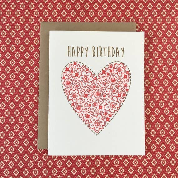 Lucky Bee Press - Wholesale Birthday Card - Happy Birthday Floral Heart - letterpress card