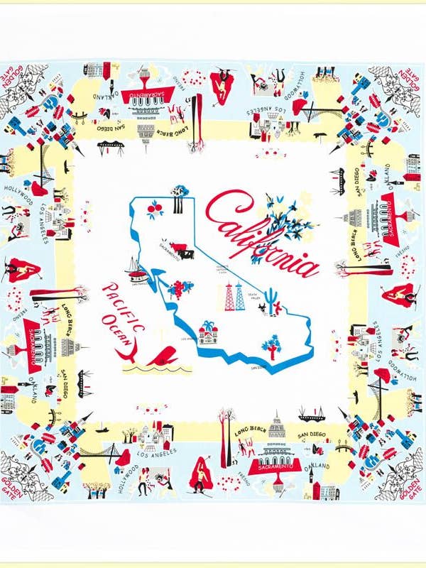 California Vibe Map Retro Flour Sack Kitchen Towel for wholesale by Red and White Kitchen Company