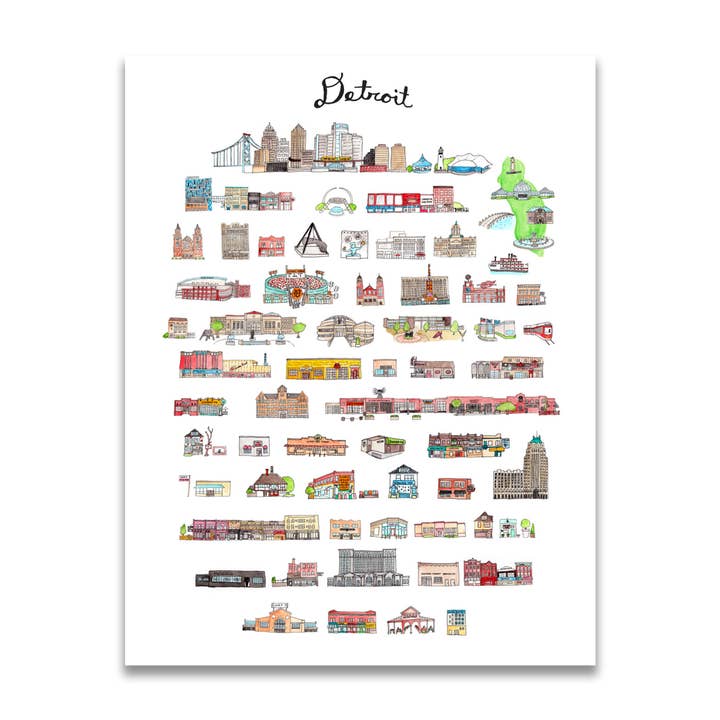 Stampa Detroit MI da 28 x 35,6 cm. per la vendita all'ingrosso da parte di Jodi Lynn's Emporium of Doodles
