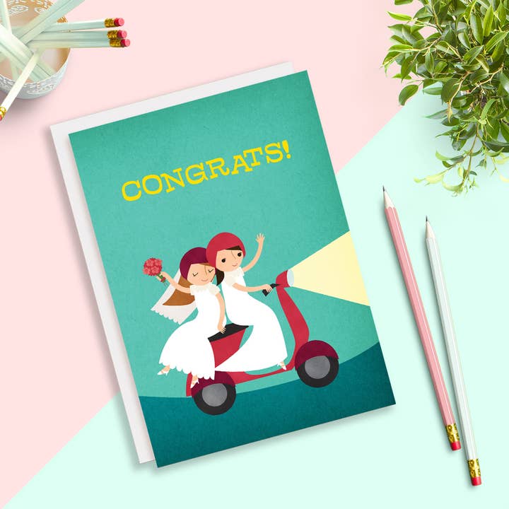 Rosy Designs - Wholesale Trouwkaartje - Bromfiets bruiden lesbische bruiloft gefeliciteerd wenskaart1