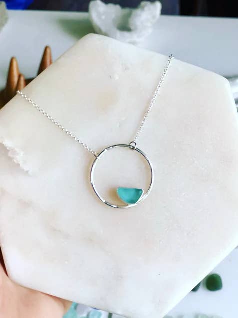 Perelle Cradle Seaglass Necklace for wholesale by La Soucique Studio Metalsmithing