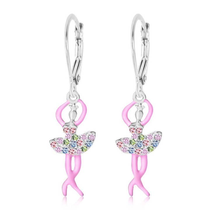 Crystal Pink Enamel Dancing Ballerina Leverback Earrings for wholesale by Chanteur