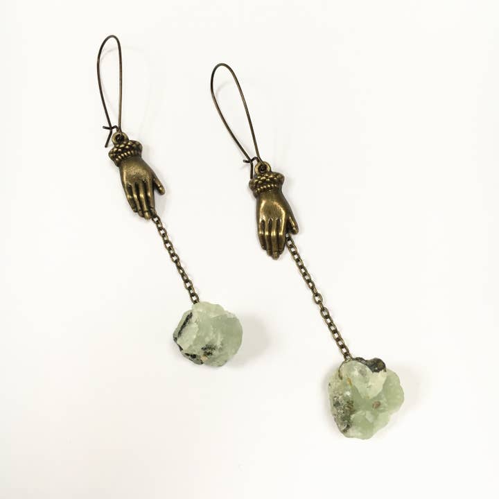 Hands on Prehnite Earrings for wholesale by Odyssey & Oddities