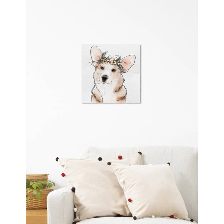 Arte em tela Corgi de coroa floral de 12 “x 12" por atacado de The Oliver Gal Artist