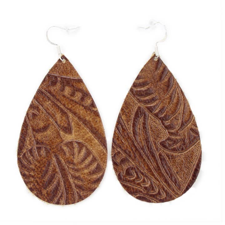 Tooled Brown - The Drop Leather Earrings for wholesale by OneWild