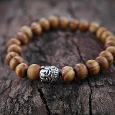 White Elastic Cord - Natural Wood Buddha Bracelet for wholesale by Foxfire Stones
