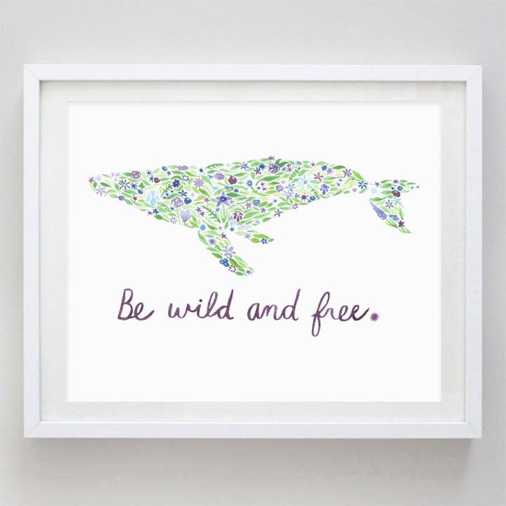 Be Wild and Free Whale Floral Watercolor Print for wholesale by Carly Rae Studio
