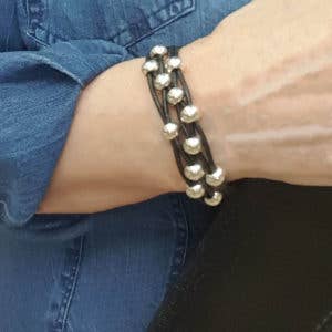 Black Leather Wrap Bracelet with Sliver Plated Beads for wholesale by Wrap Your Style