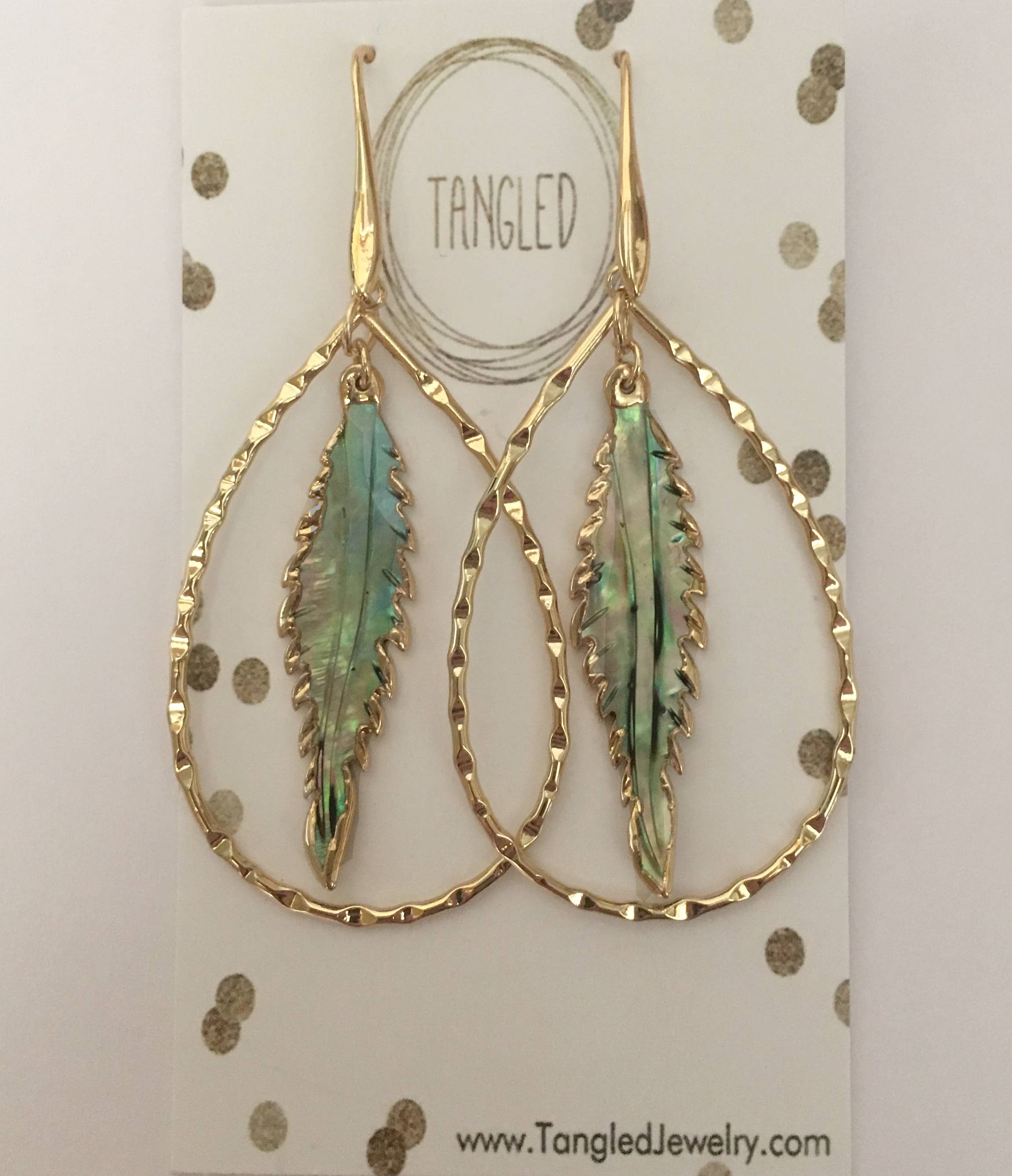 Tangled Jewelry - Wholesale Dangle Earrings - Abalone Feather Hammered Frame Earrings1