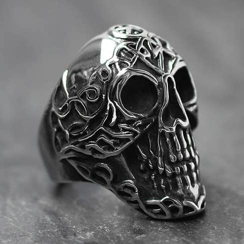 Celtic Skull Antiqued Stainless Steel Ring for wholesale by West Coast Jewelry