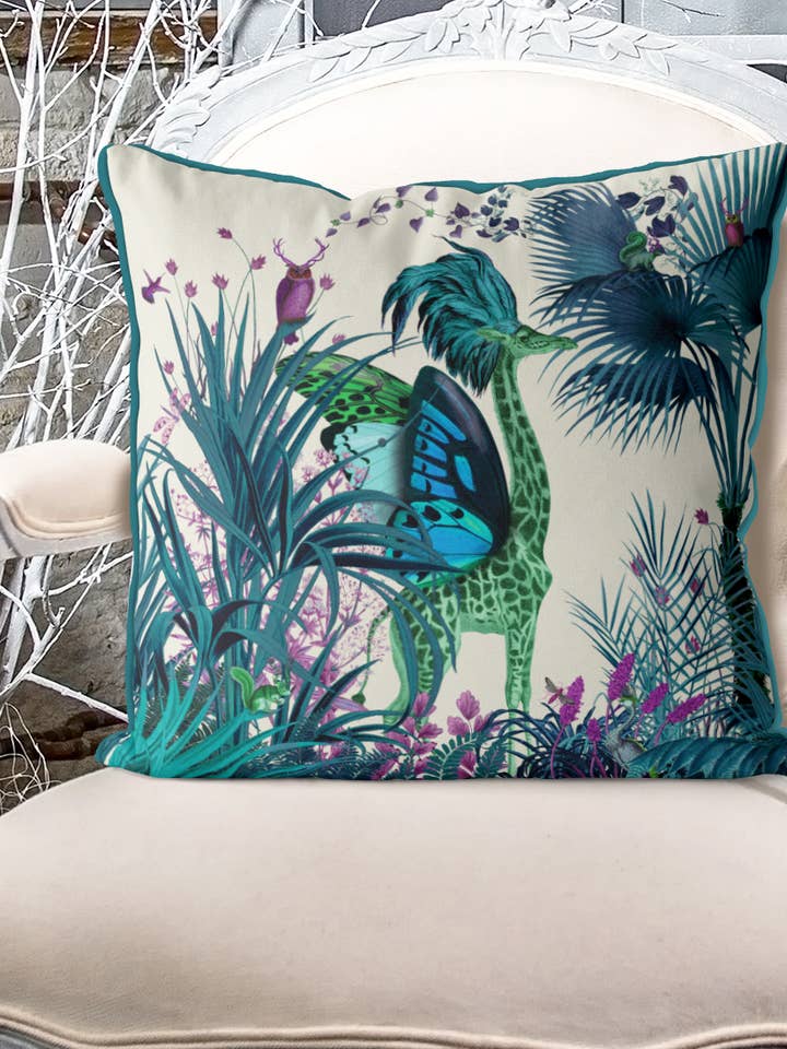 Tropical Blue Giraffes Throw Pillow or Outdoor Cushion for wholesale by FabFunky Ltd