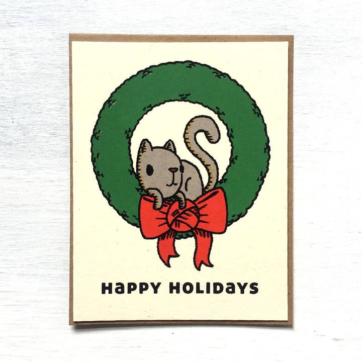 Kitty Wreath Holiday Card for wholesale by everyday balloons print shop