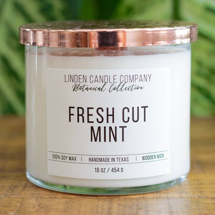 Frisch geschnittene Minzkerze – 100 % Sojawachs mit knisterndem Holzdocht für den Großhandel von Linden Candle Company