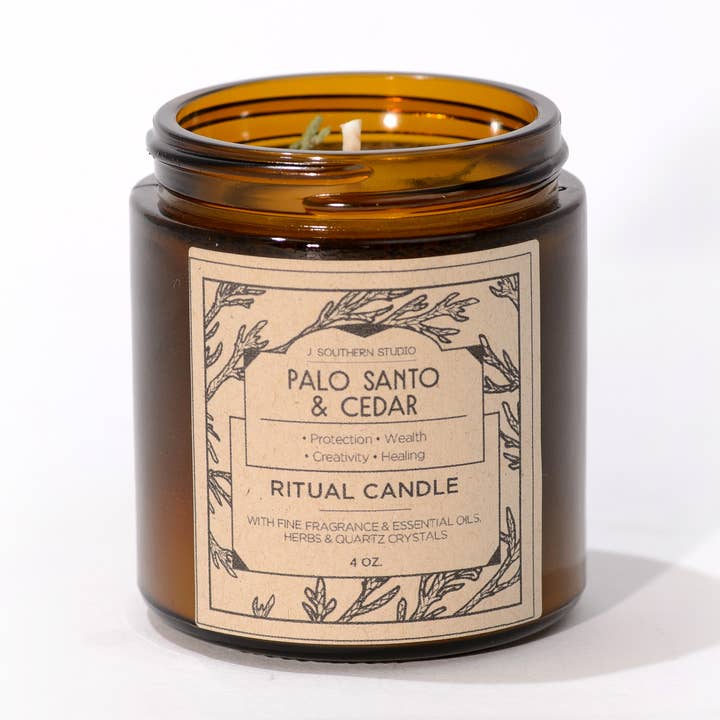 4 oz. Palo Santo & Cedar Ritual Candle with crystals for wholesale by J. Southern Studio
