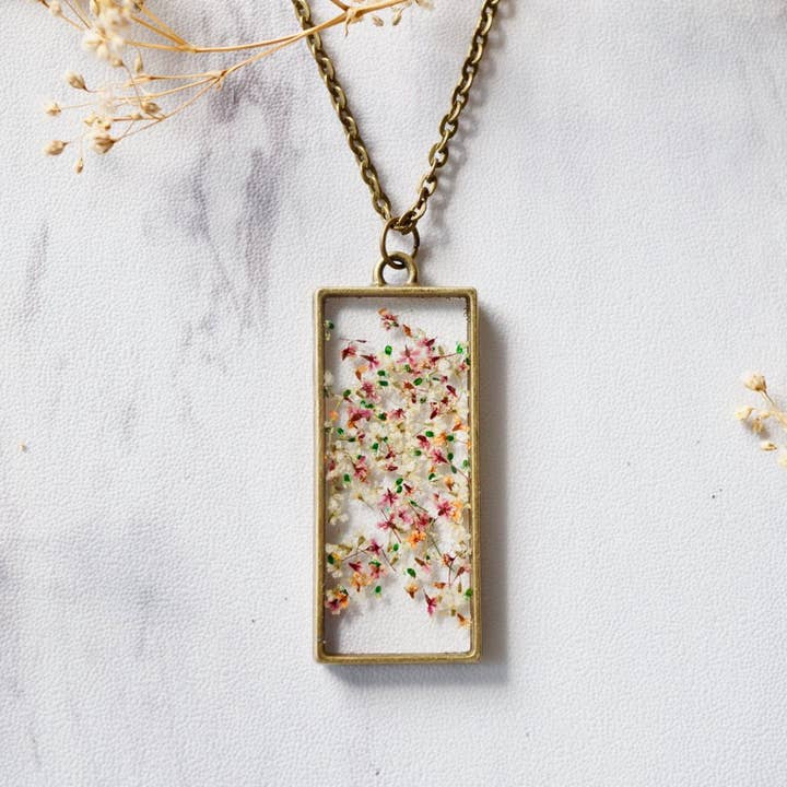 Rectangle in Pink, Orange & Green Mix Real Pressed Flowers and Resin Necklace for wholesale by Ann + Joy