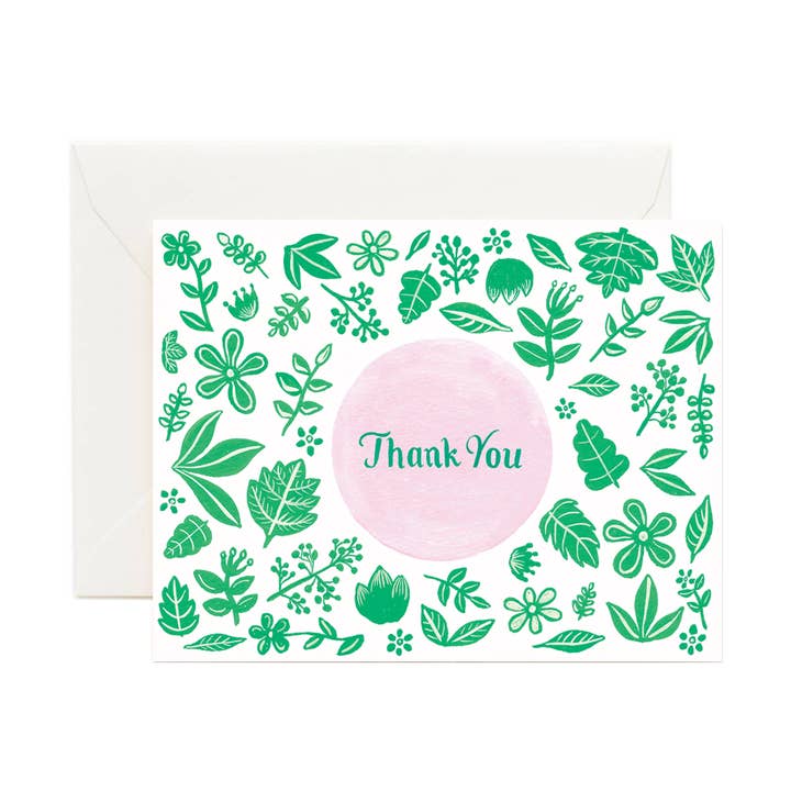 Green and Pink Florals Thank You Card (Box of 8) for wholesale by Forage Paper Co.