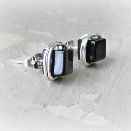 Black Onyx Cube + Sterling Silver Stud Earrings for wholesale by Contempo Jewelry