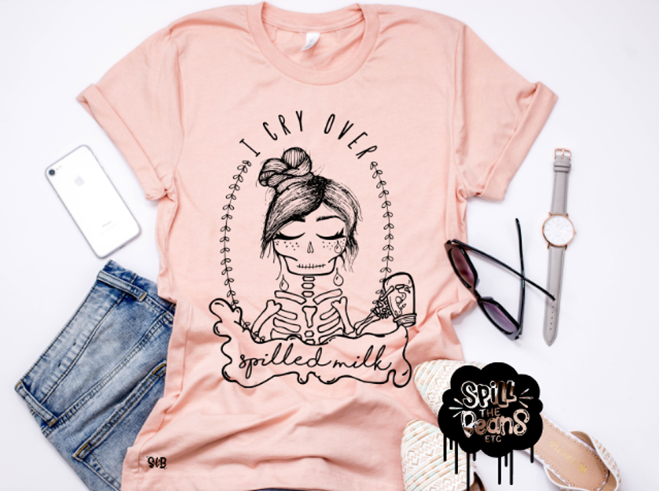 spillthebeansetc - Wholesale Screen Printed T-Shirt - Women's - I Cry Over Spilled Milk Prism Color T-Shirt - White Ink0