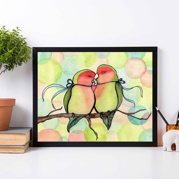 Aquarelle « Love Birds » : Impression d'art pour la vente par PinkPolish Design