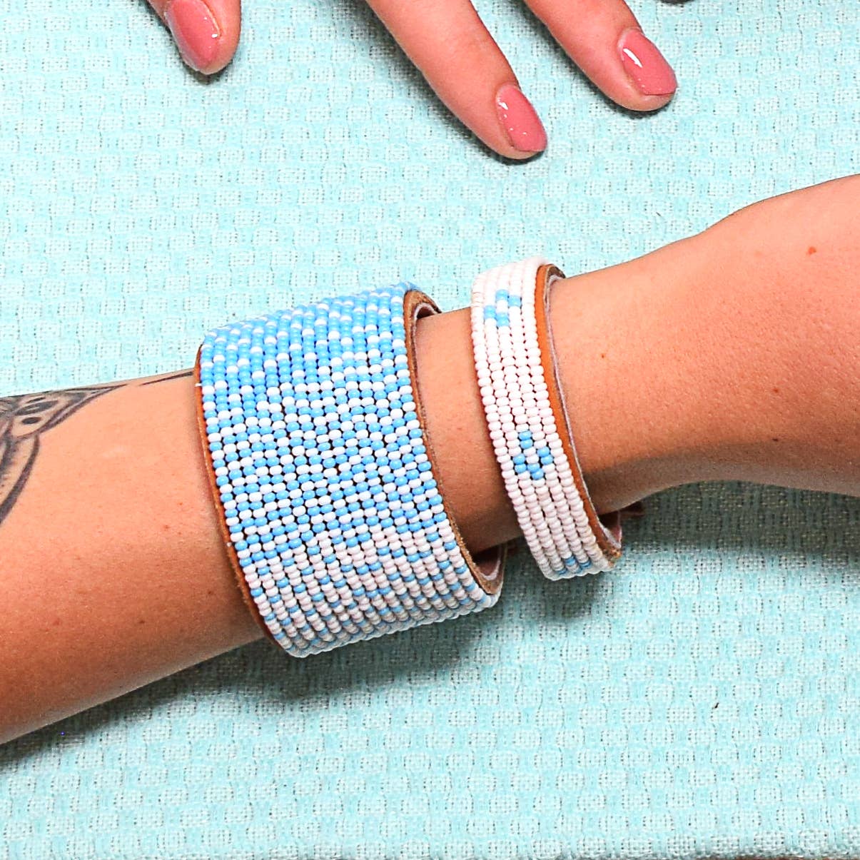 Swahili Coast - Wholesale Bangle Bracelet - Small Light Blue Chevron Leather Cuff1