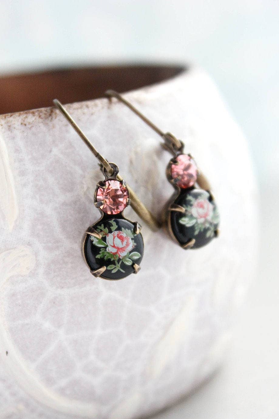 A Pocket of Posies - Wholesale Dangle Earrings - Little Cameo Earrings - Vintage Glass  - Pink Rose on Black6