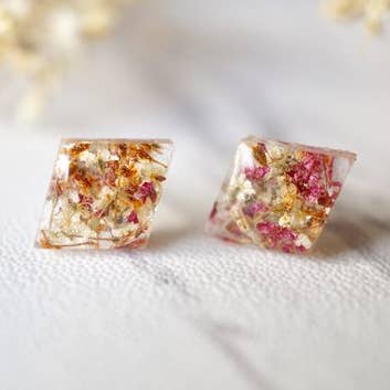 Real Pressed Flowers and Resin Diamond Stud Earrings in Orange, Rose & White for wholesale by Ann + Joy