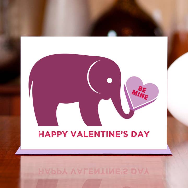 Be Mine Purple Elephant with Candy Heart Valentine Card for wholesale by MAN vs. GEORGE DESIGN