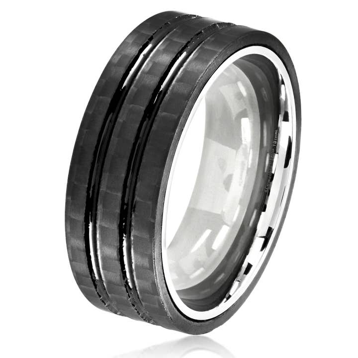 Carbon Fiber Overlay Grooved Comfort Fit Steel Ring for wholesale by West Coast Jewelry