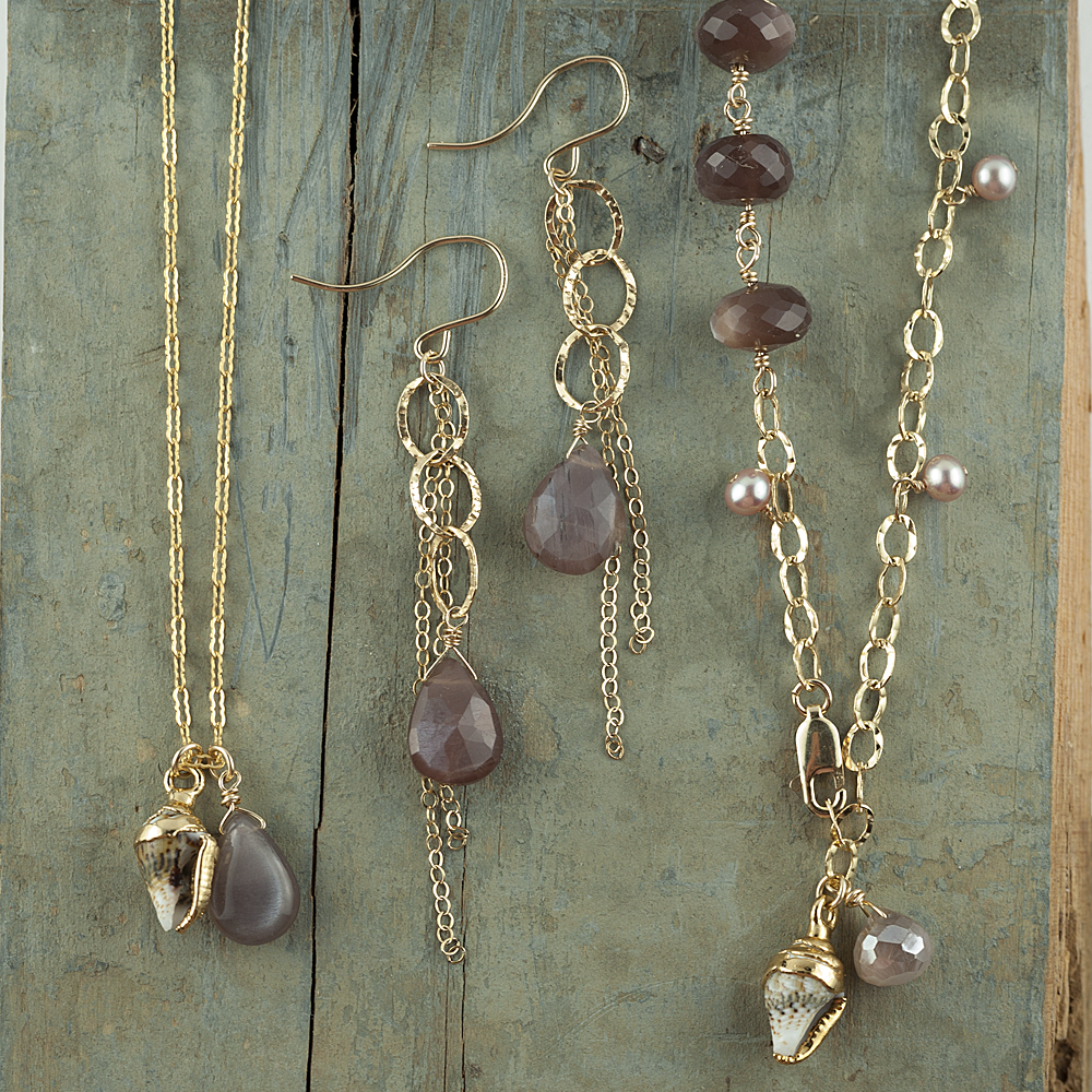 Midori Jewelry Hawaii - Wholesale Pendant/Charm Necklace - 24k gold dipped shell & chocolate moonstone necklace2