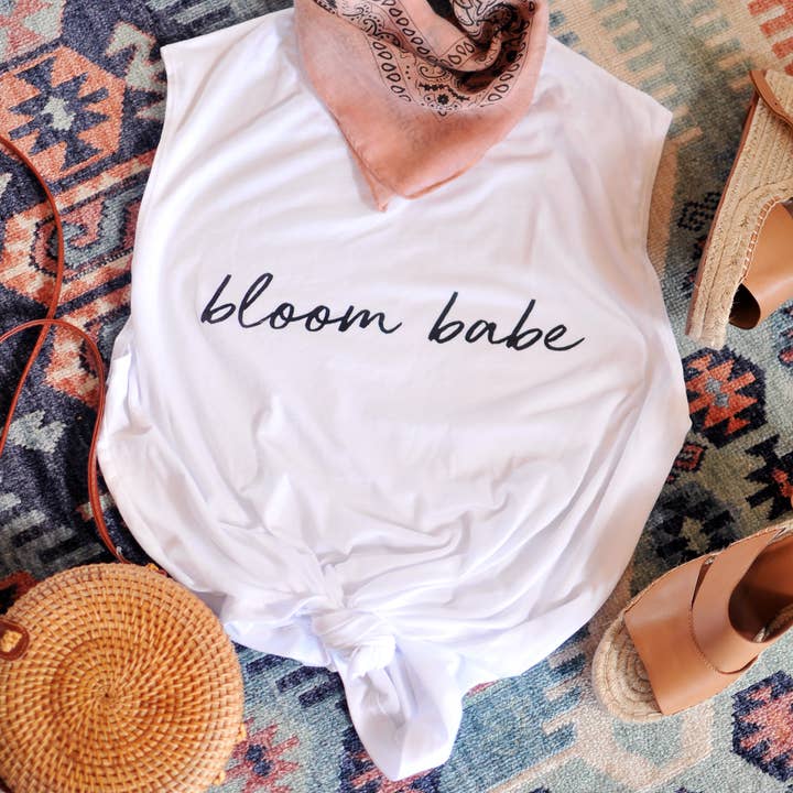 Bloom Babe White Muscle Tank for wholesale by Ronnie M