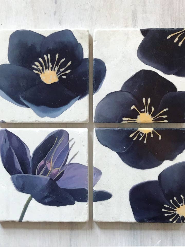 Schwarzer Hellebore auf Schnee Coaster Set für den Großhandel von India & Purry by Jessica Hollander