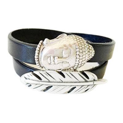 Black - Big Buddha And Feather Silver Leather Bracelet for wholesale by LIVE AHA