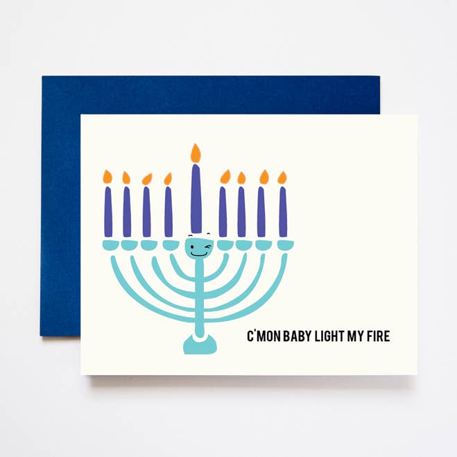 Light My Fire Menorah Hanukkah Greeting Card for wholesale by ILOOTPAPERIE
