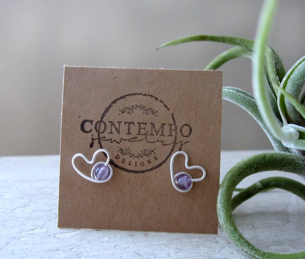 Contempo Jewelry - Wholesale Stud/Post Earrings - Amethyst + Sterling Silver Heart Stud Earrings 4