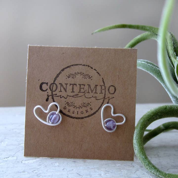 Contempo Jewelry - Wholesale Stud/Post Earrings - Amethyst + Sterling Silver Heart Stud Earrings 4