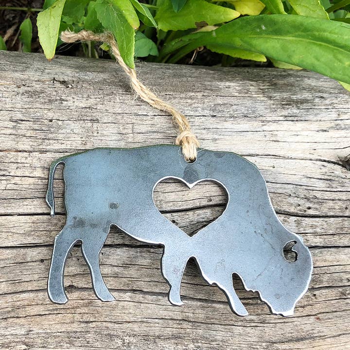 Bufallo/Bison Raw Steel Metal Ornament with Heart for wholesale by BE Creations & Designs, Inc.