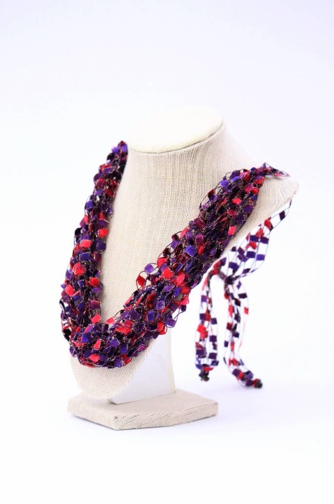 Crochetlaces - Wholesale Woven Necklace - Red Purple Adjustable Necklace With Decorative Bead1