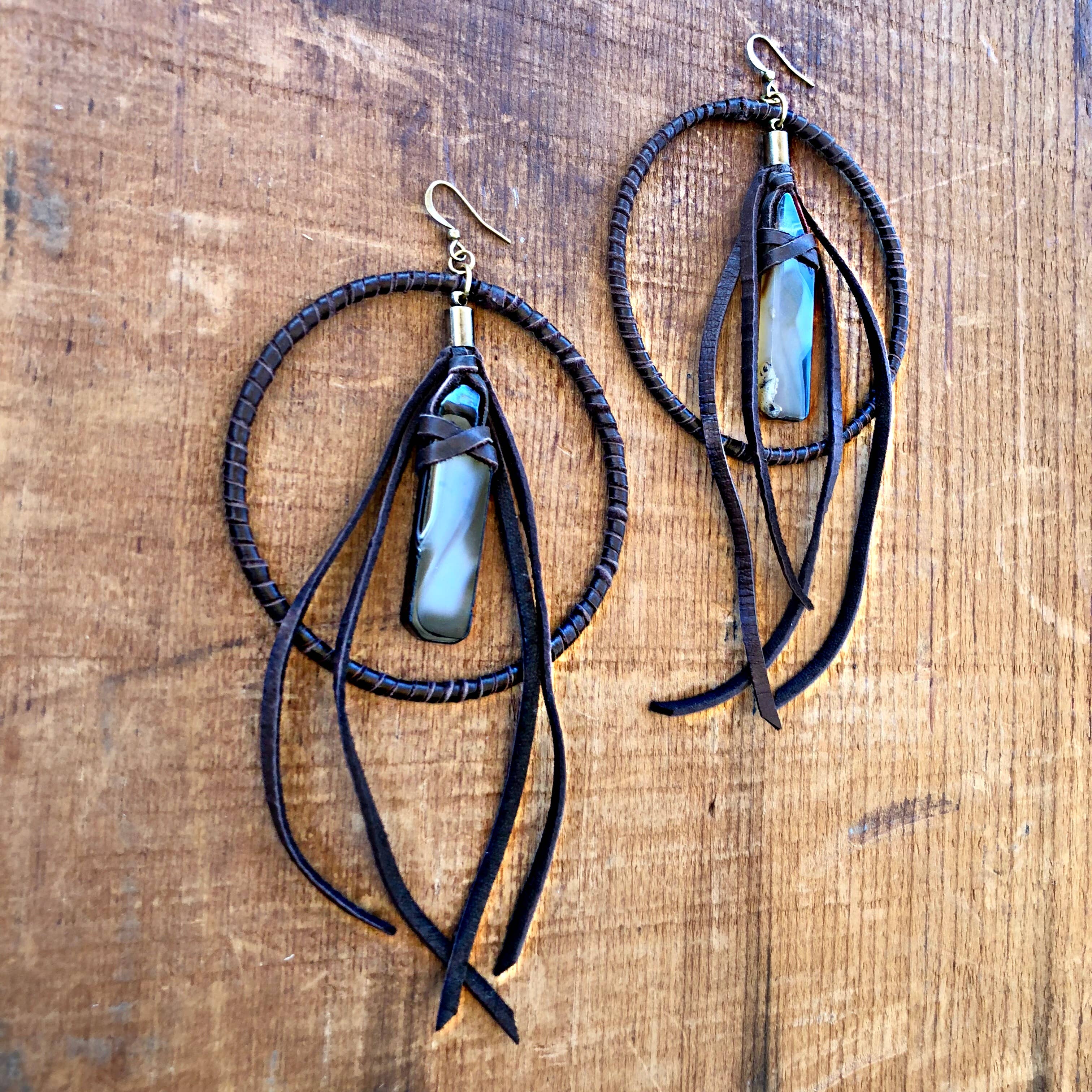 ASTALI - Wholesale Dangle Earrings - Leather Hoops - Agate & Chocolate, Leather & Stone Earrings4