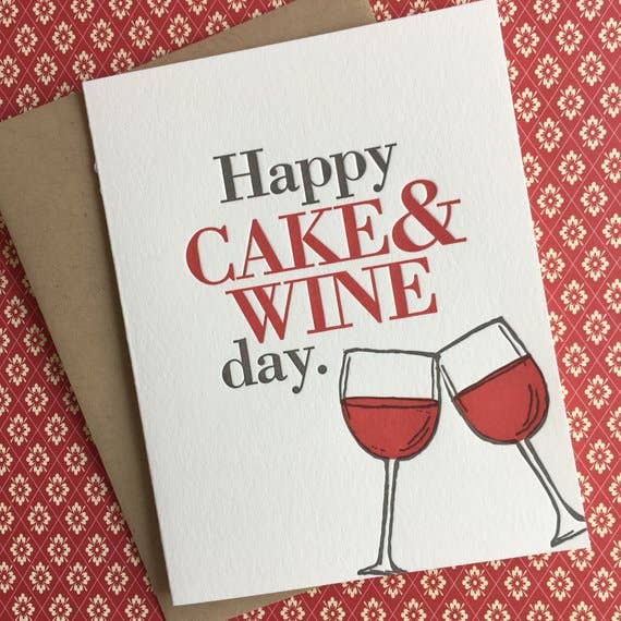 Lucky Bee Press - Wholesale Birthday Card - Happy Birthday Cake & Wine - letterpress card1