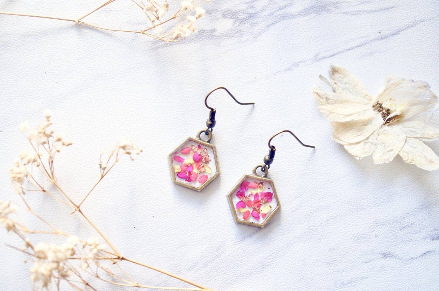 Ann + Joy - Wholesale Dangle Earrings - Neon Pink & Copper Flakes Real Pressed Flowers and Resin Earrings1